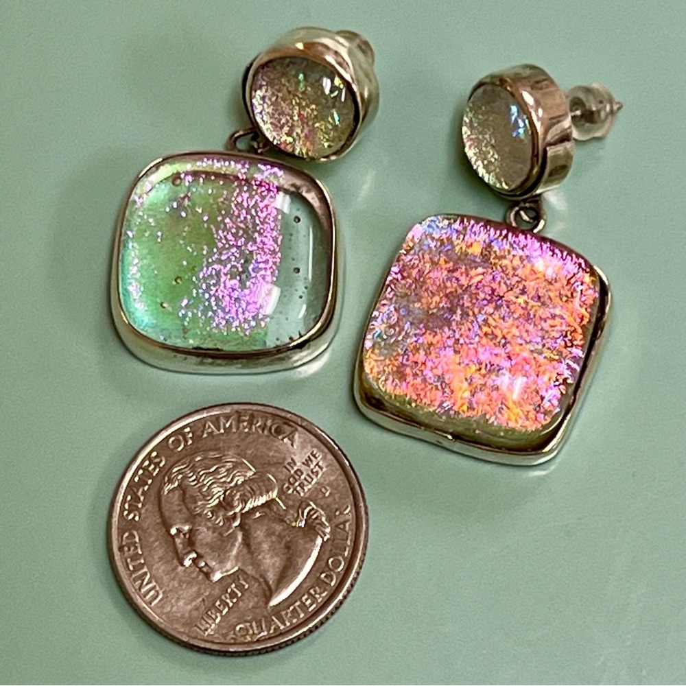 Artisan-made Sterling Silver and Glass Iridescent Earrings - Picture 3 of 14